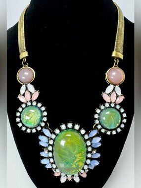 Gold-tone Statement Necklace w/ Green Opal Cabochons & Multicolor Crystals #1728